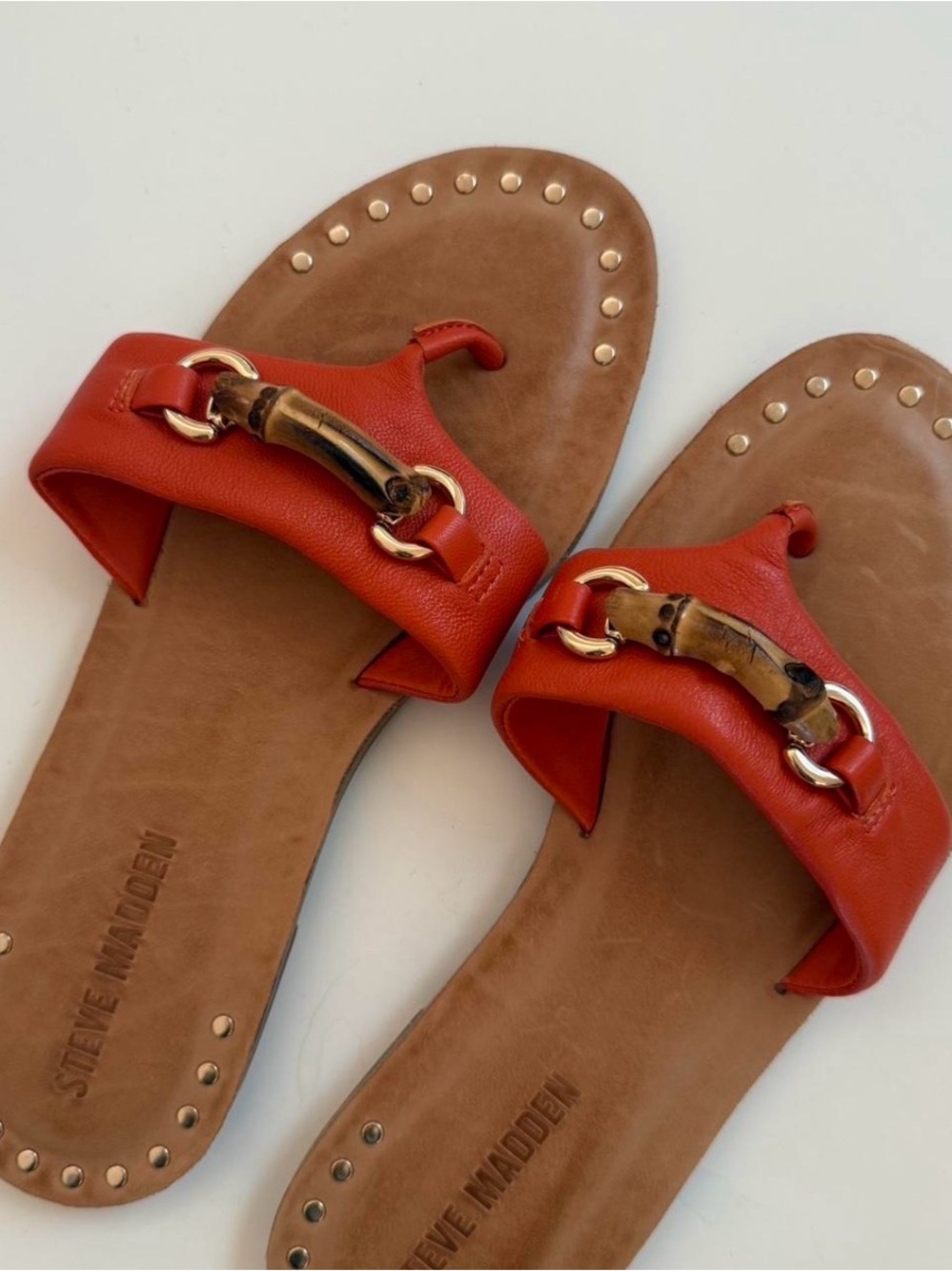 Steve Madden Orange Leather Bamboo-Accent Slide Sandals
